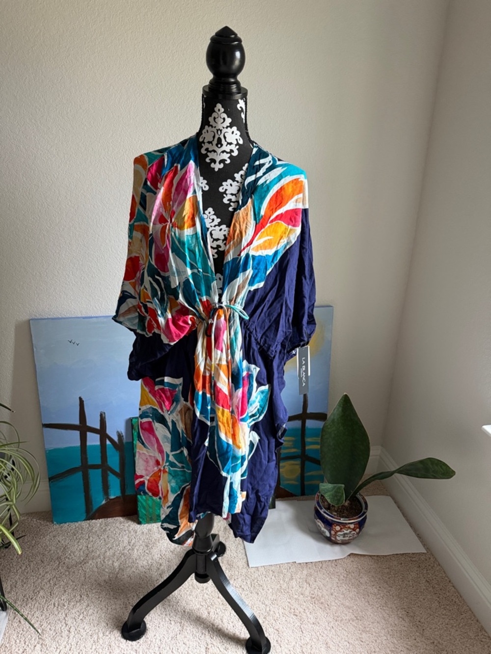 La Blanca Navy Floral Tie-Front Swim Coverup